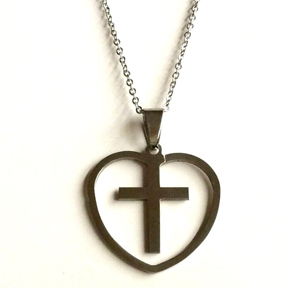Sacred Heart Cross Necklace 24" Silver Stainless Steel Catholic Christian Gift - Picture 1 of 12